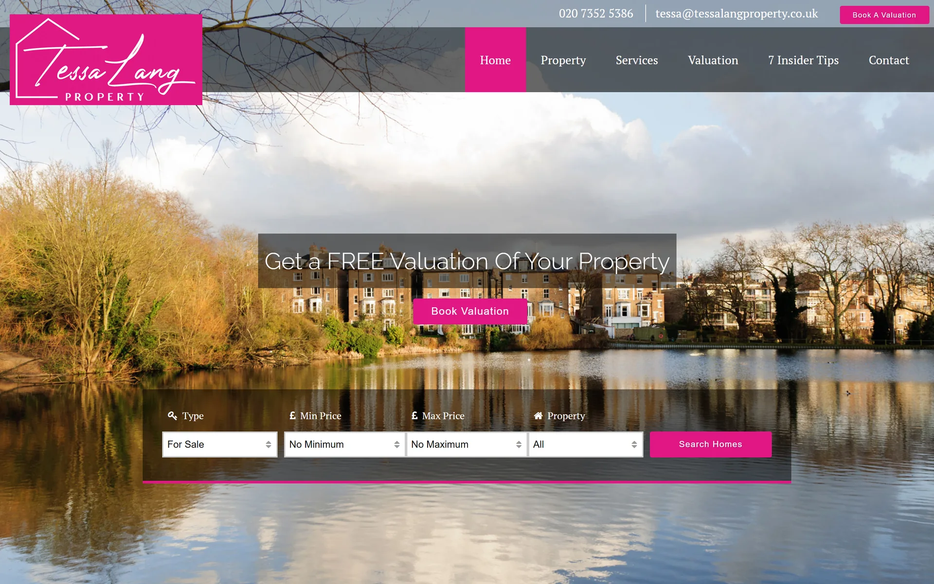 The previous Tessa Lang Property website, a lake photograph with Get a FREE Valuation Of Your Property laid over it above a plain filter bar