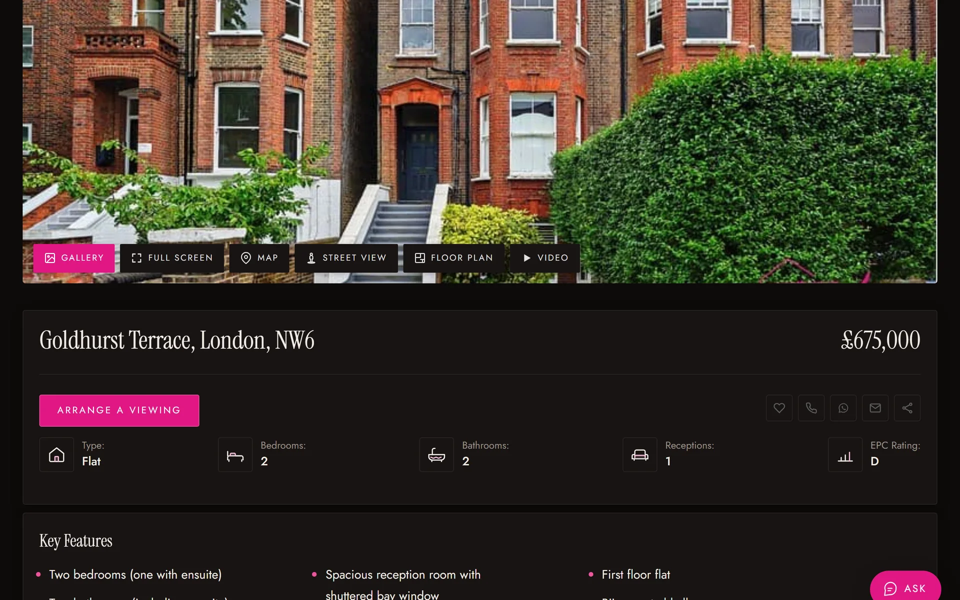 The same Tessa Lang property page in dark mode, the magenta holding against a warm near black