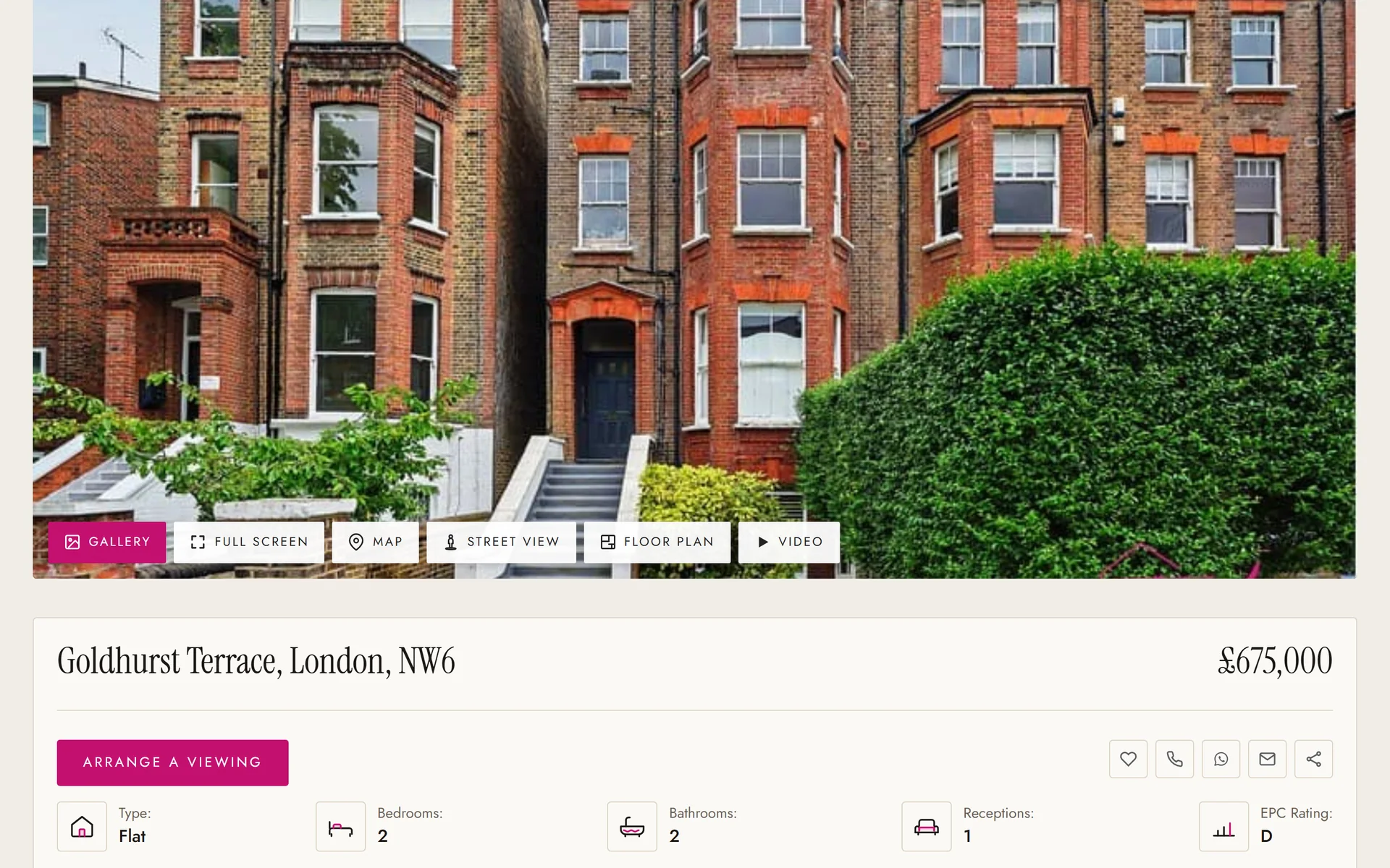 A Tessa Lang Property listing for a flat on Goldhurst Terrace, a red brick mansion block above the price and key facts