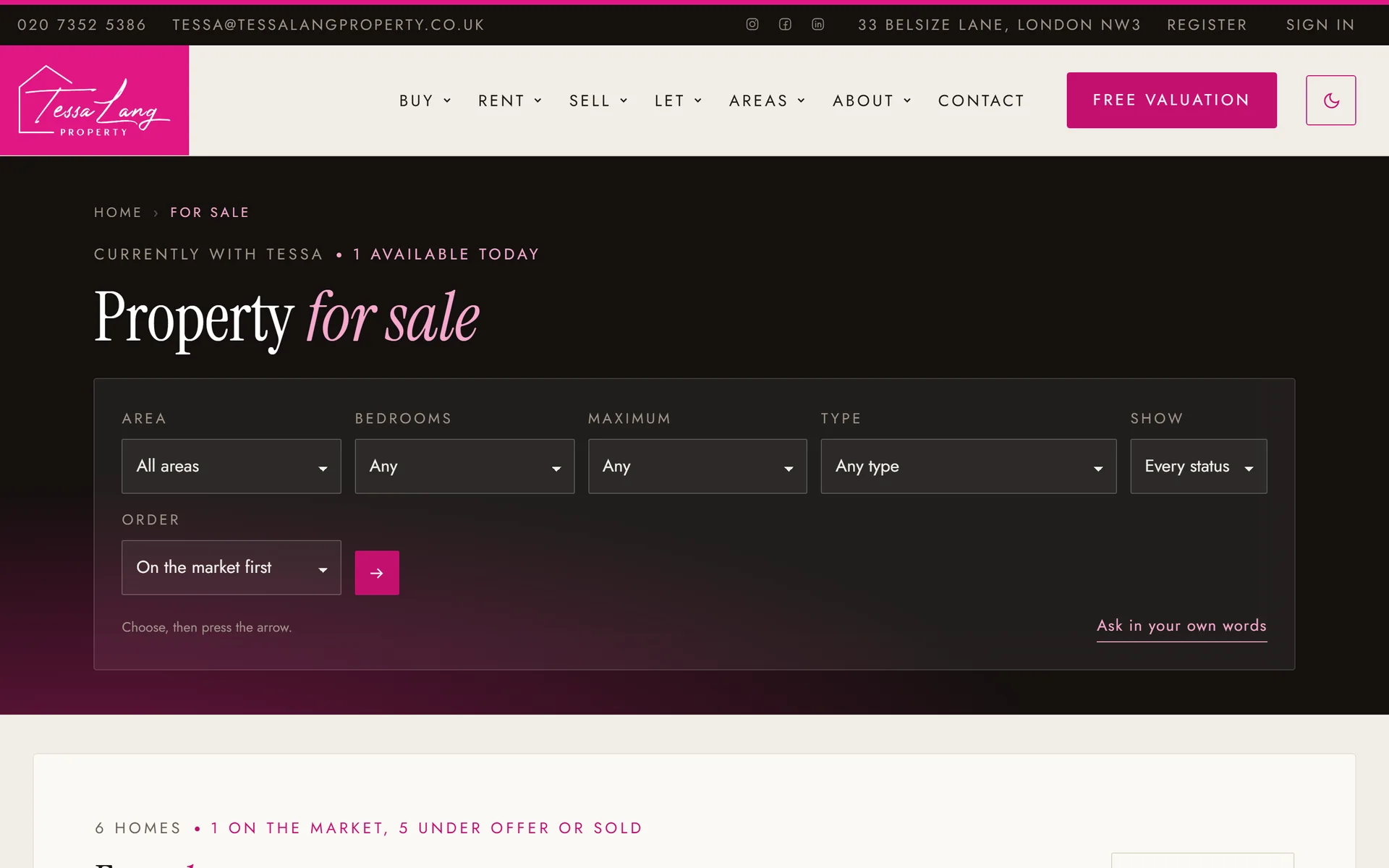 The Tessa Lang Property for sale page, filters in a dark panel with an Ask in your own words link beneath them