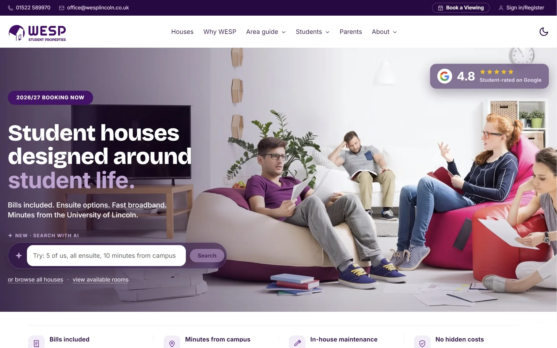 The new WESP Student Properties homepage, housemates in the living room of their student house behind a bold headline and an AI powered house search