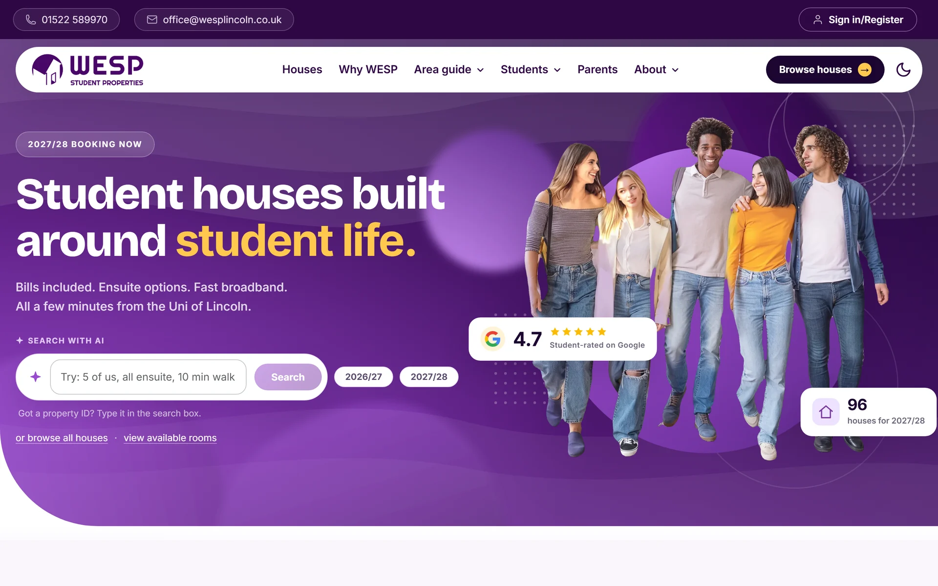 The new WESP Student Properties homepage, five students walking together behind a bold headline and an AI powered house search