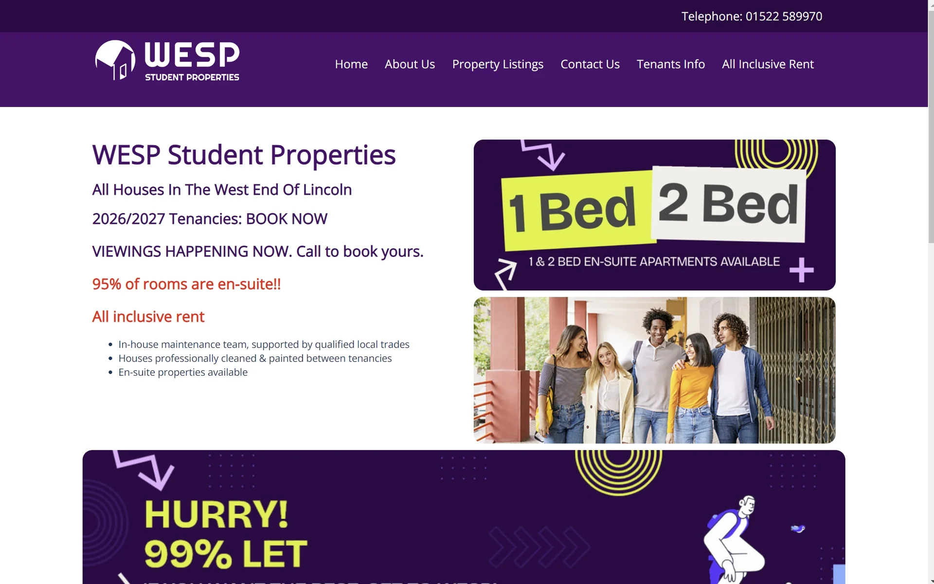 The previous WESP Student Properties website, purple headings and promotional banners stacked down the page