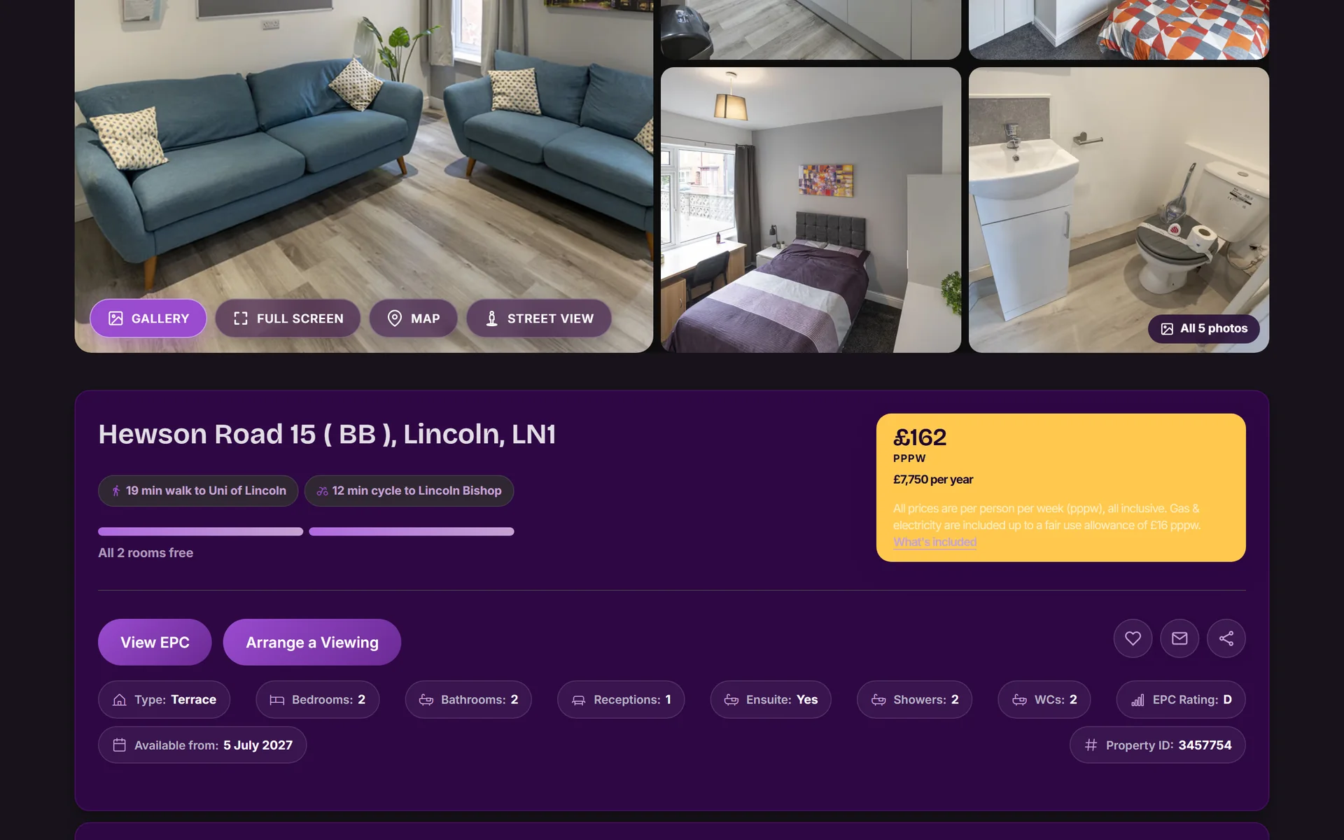 The same WESP house page in dark mode, the purple holding against a near black background