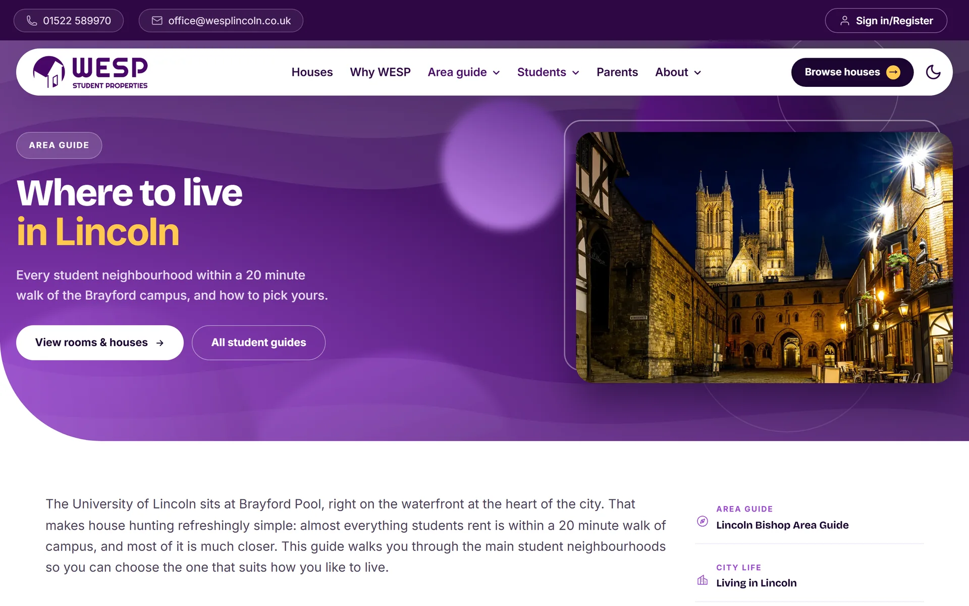 The Where to live in Lincoln area guide on the WESP site, Lincoln cathedral at night beside the guide introduction