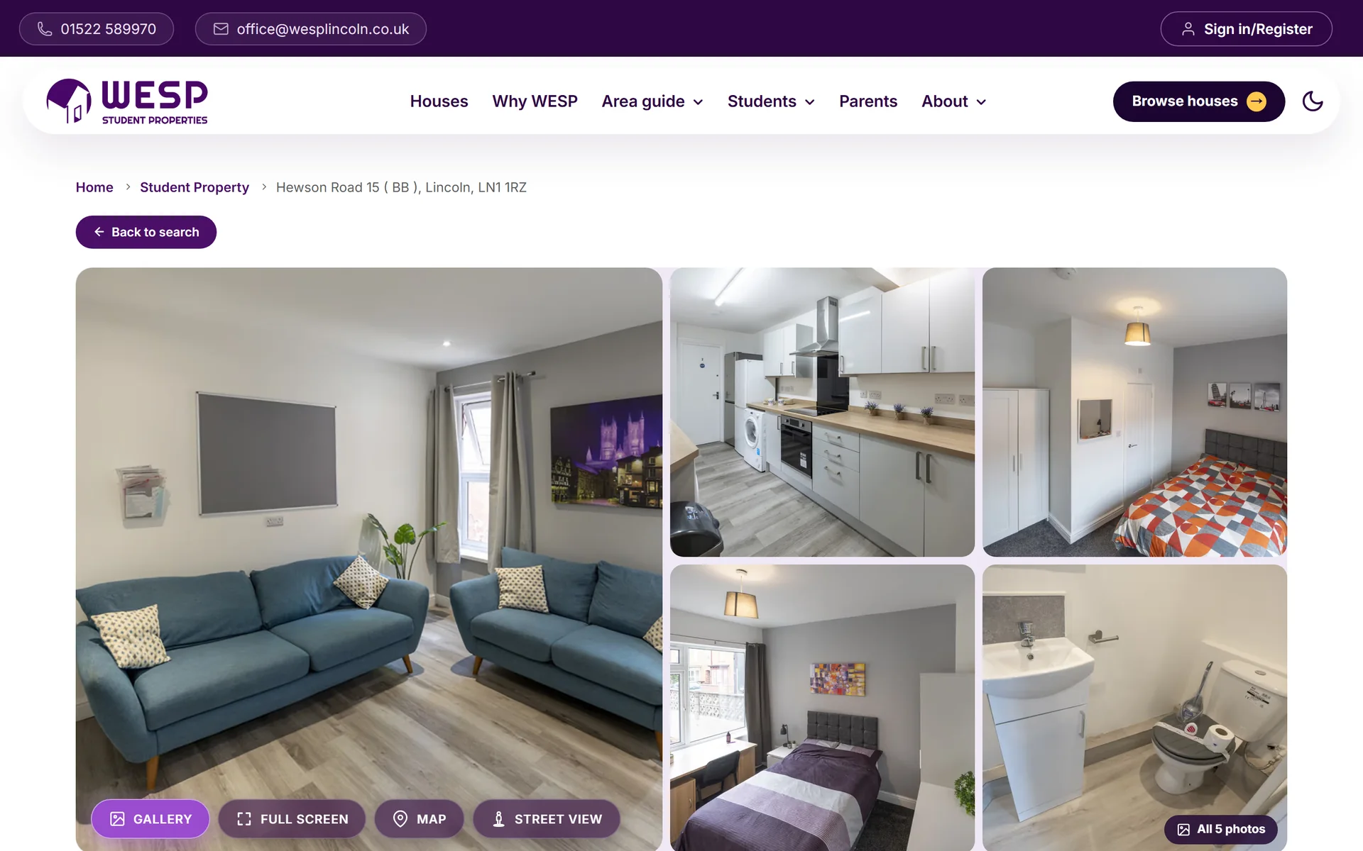 A WESP property page for a Lincoln student house, photographs above the rent, room availability and viewing booking