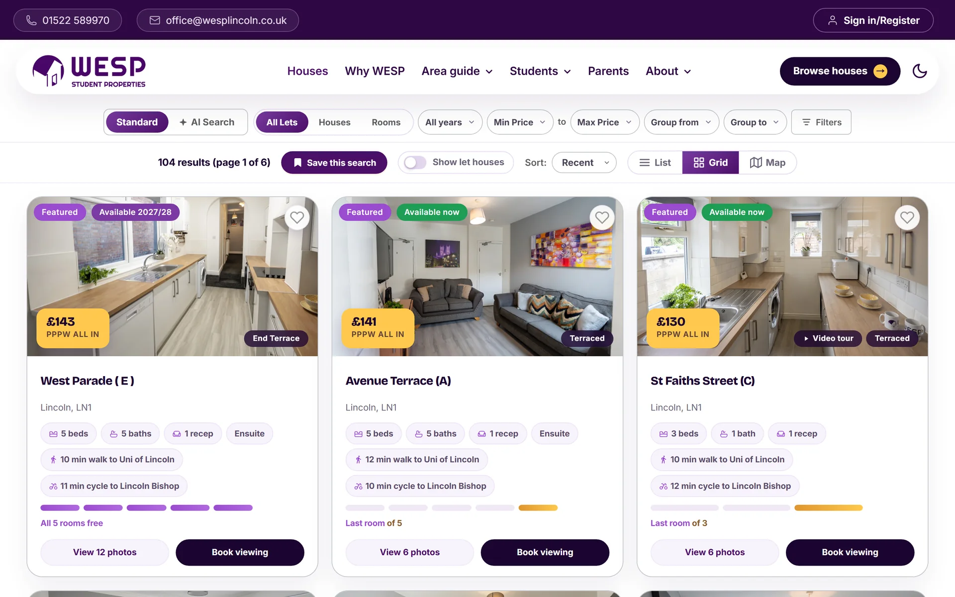 WESP house search results, a grid of student houses each showing price per person per week, rooms left and walking time to campus